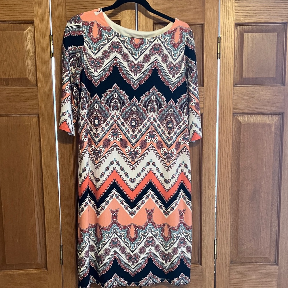 Studio One Women's White Navy Peach Geometric Print 3/4 Sleeve Dress Size S